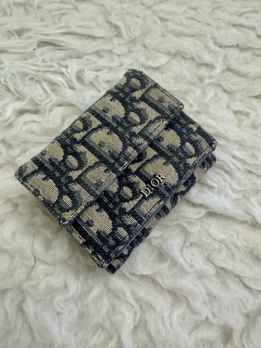 Dior Navy and Beige Monogram Compact Tri-Fold Wallet with Silver Logo